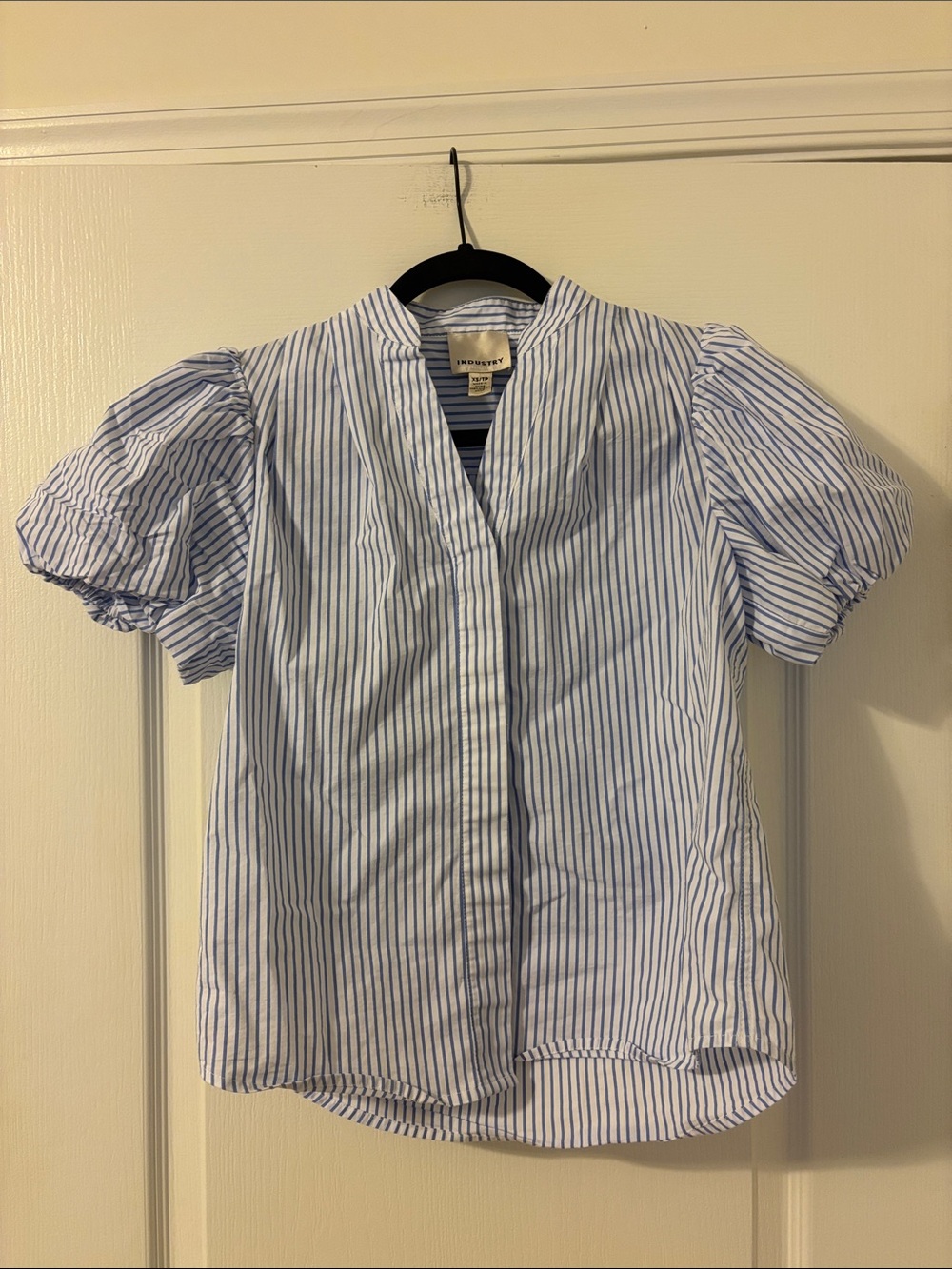 Club Monaco Blue and White Striped Puff Sleeve Blouse